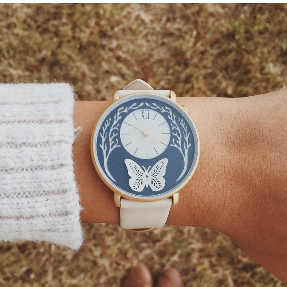 Dial Watches by Sarah Dennis (Gold)- Artist Designed, 2 bands, navy blue & cream